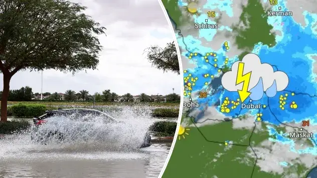 Überflutete Straße in Dubai - WetterRadar zeigt Regengüsse und Gewitter rund um den Persischen Golf