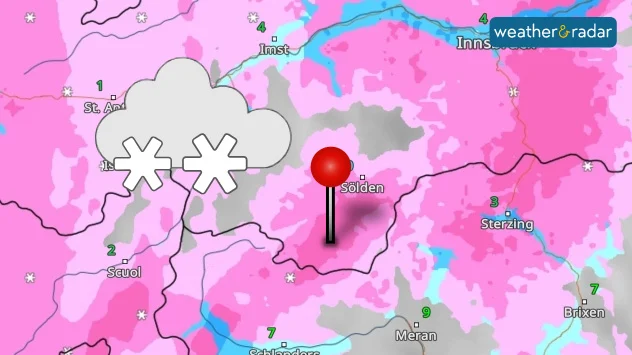 Weather map showing snow falling in the Ötztal Alps.