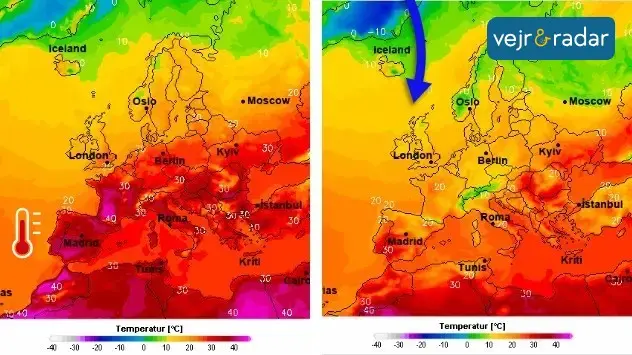 temperaturkort side om side viser med farveskala store forskelle i løbet af bare fire dage