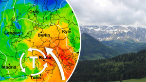 Eine Wetterkarte zeigt die Verteilung von Hoch- und Tiefdruckgebieten in Europa.  im Split sieht man auch noch eine Webcamaufnahme eines Alpentales (c) foto-webcam.eu