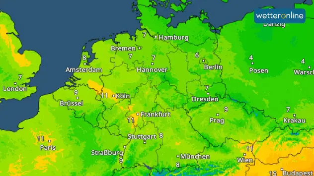 Laut TemperaturRadar werden am Dienstag meist nur noch einstellige Plusgrade erreicht. Nur am Rhein reicht es noch für Werte um 10 Grad.