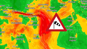 Sturmfahne in rot im Windrad südlich der französischen Mittelmeerküste