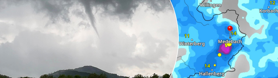 Trichterwolke an einer Gewitterwolke über Medebach im Hochsauerland und WetterRadar vom Pfingstsonntag (c) WetterjÃ¤ger SÃ¼dwestfalen via WetterMelder Deutschland