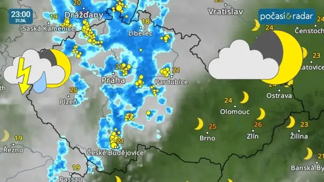 Před půlnocí již v Čechách povládne velká oblačnost s deštěm nebo bouřkami, na Moravě a ve Slezsku ještě vydrží skoro jasná až polojasná obloha.