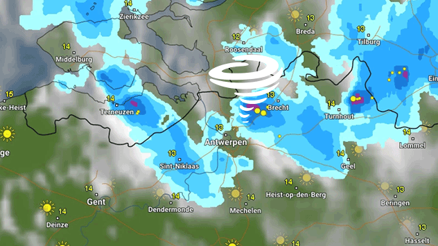 Das WetterRadar-Bild zeigt eine Gewitterzelle um 17:40 Uhr knapp nördlich von Antwerpen. 