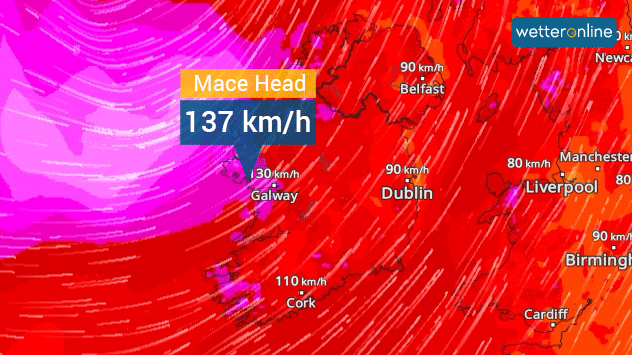 Am Sonntagabend blies der Wind mit Sturmböen übers Land. An der Westküste Irlands wurden sogar Orkanböen bis fast 140 Stundenkilometer gemessen.