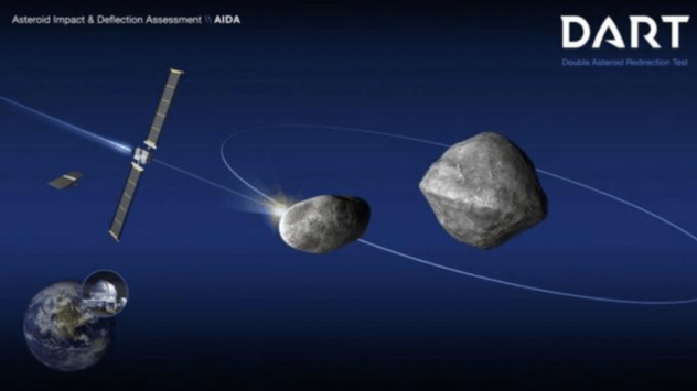  Representación artística del impacto de la nave DART contra el asteroide Dimorphos.