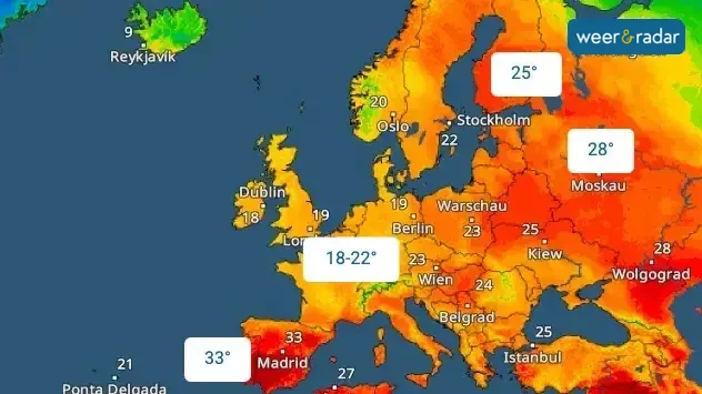 De TemperatuurRadar toont zomerweer in een uitgestrekt gebied van Europa.