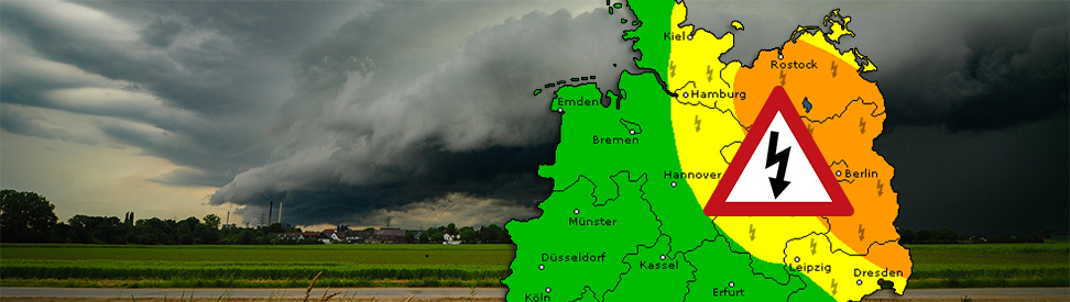 Die Warnkarte zeigt, wo heute das Unwetterrisiko erhöht ist.  (c) Hintergrundbild: Luka Berheide / WeatherChaseTV