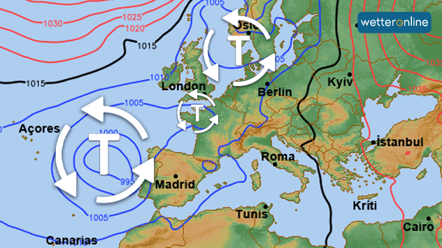 Karte zeigt Wetterlage: Tiefdruckgebiete über Europa nächste Woche