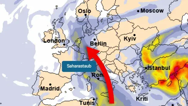 Grafik zeigt Schleppe an Saharastaub vom Nordafrika nach Deutschland - angetrieben durch ein Tief über Westeuropa
