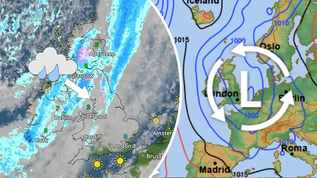 Weather map showing rain and pressure map showing low-pressure over the UK