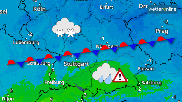 Schnee fällt auf der kalten Seite der Luftmassengrenze, im Süden dagegen Regen. Er kann auf noch gefrorenem Boden rasch gefrieren.