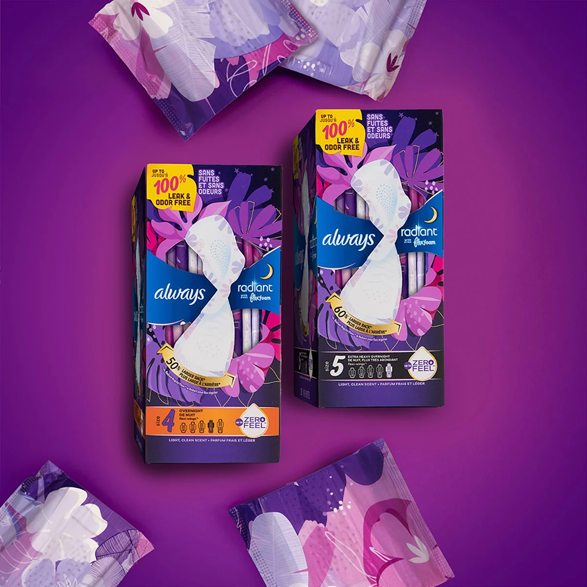 Serviettes hygiéniques Radiant : Taille 4, de nuit, avec ailes, parfumées |  Always®