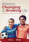 Two smiling boys standing together, one holding a soccer ball, with the text Always Changing & Growing Up in the background