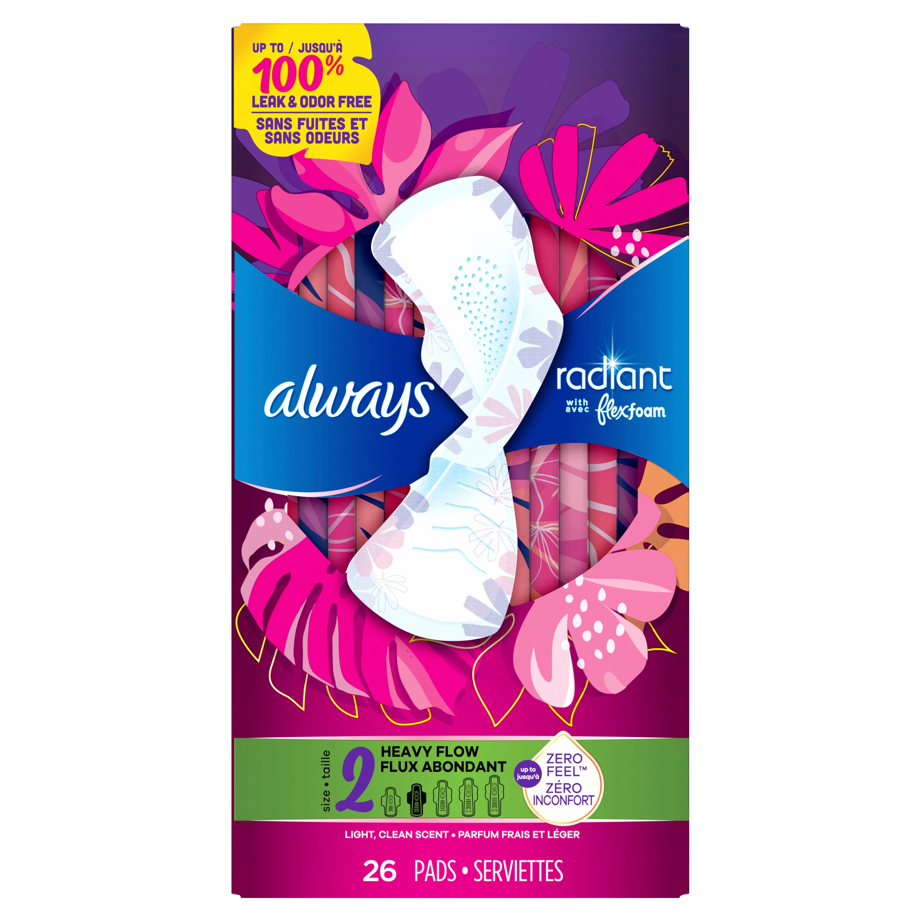 Serviettes hygiéniques Radiant : Taille 2, flux abondant, avec ailes,  Parfumées | Always®