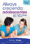 Two young women sitting together and smiling while looking at a guide titled Always creciendo: adolescentes