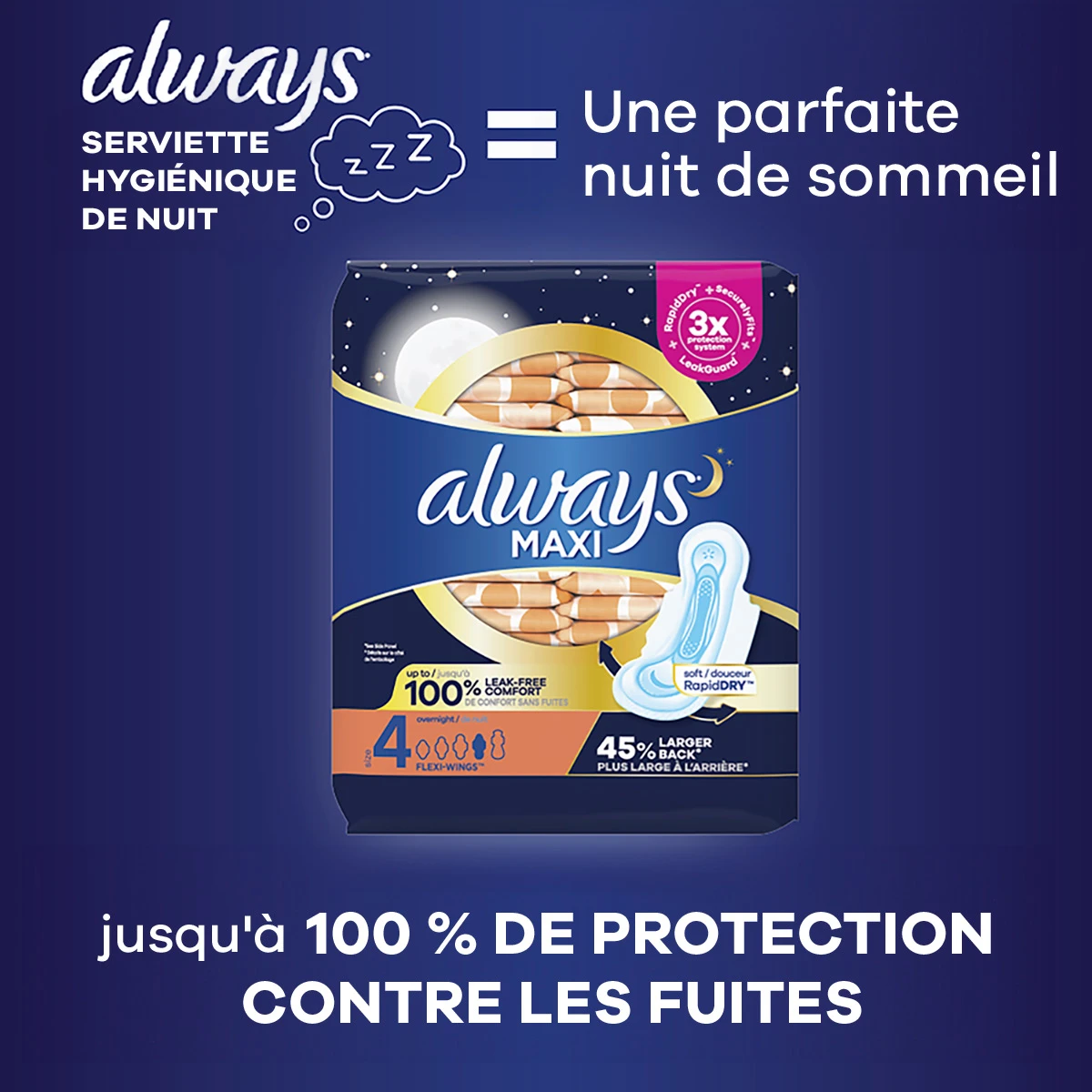 Les serviettes hygiéniques Always Maxi, de nuit, avec ailes, pour flux très abondant, Taille 4