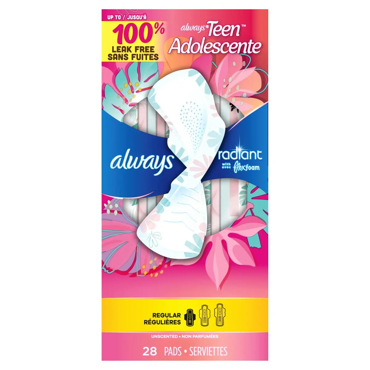 Serviettes hygiéniques Always Radiant Teen, non parfumées, Get Real Regular