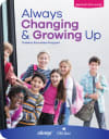 Children smiling together around the title Always Changing & Growing Up, highlighting community and growth themes