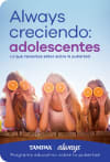 Three young women holding orange slices over their eyes, smiling, with the text Always creciendo: adolescentes above them