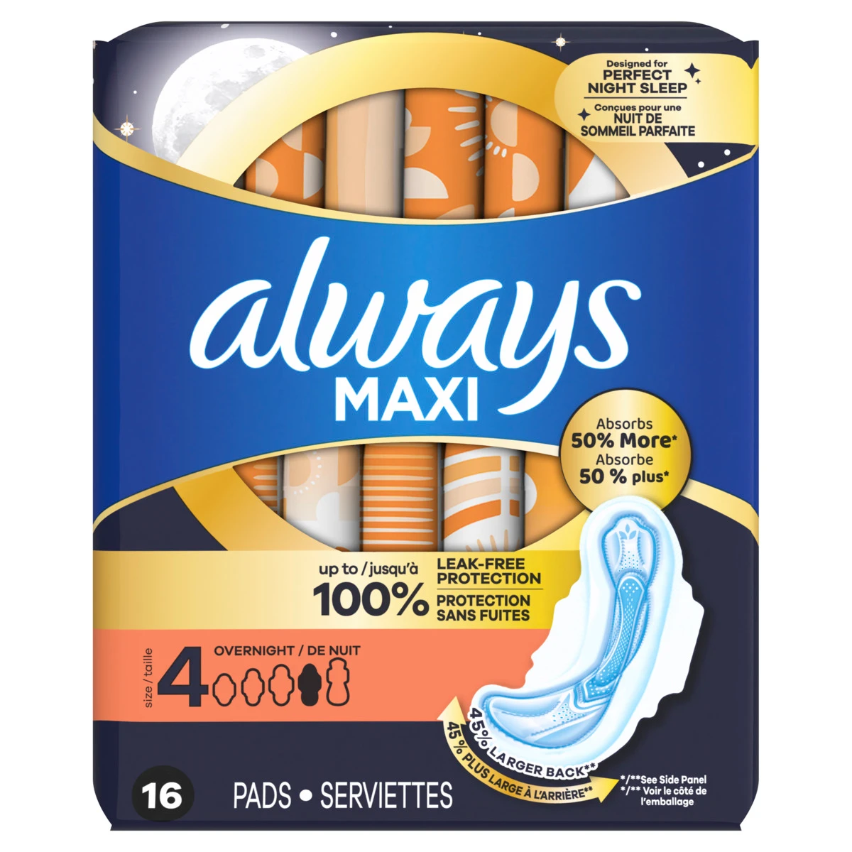 Serviettes hygiéniques Always Maxi, Taille 4, de nuit, avec ailes, non parfumées-16-serviettes