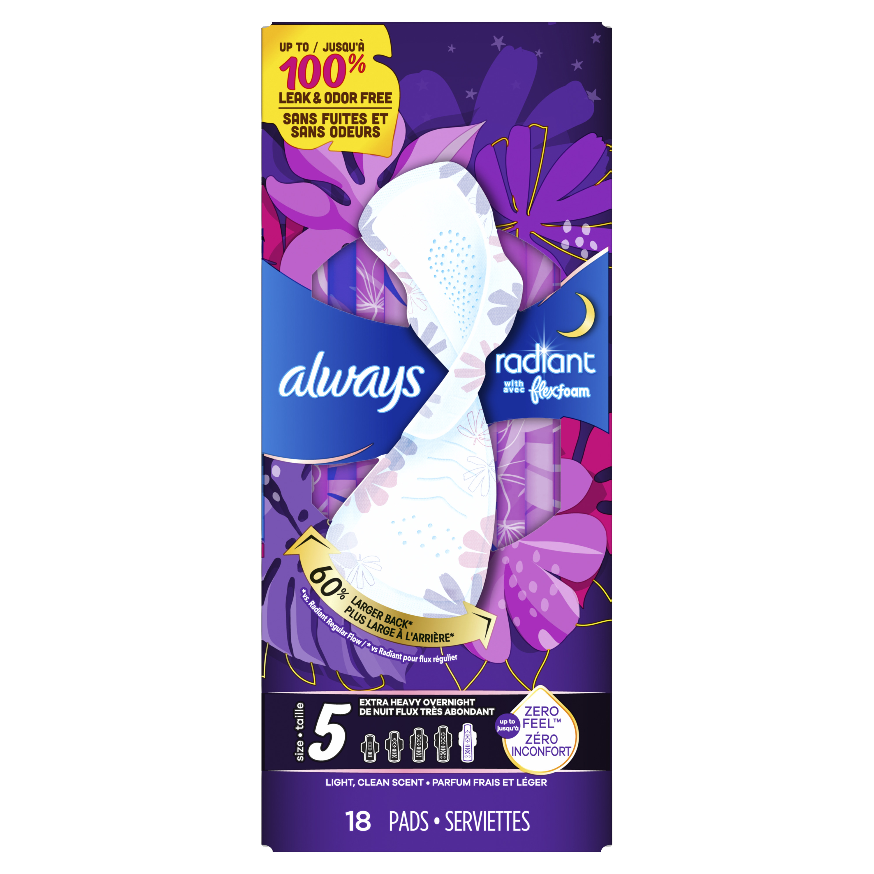 Serviettes hygiéniques de nuit Always Radiant, Taille 5, flux très abondant, Parfum Léger et Propre-18-serviettes