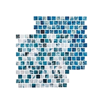 A stack of blue and white tiles on a white background .