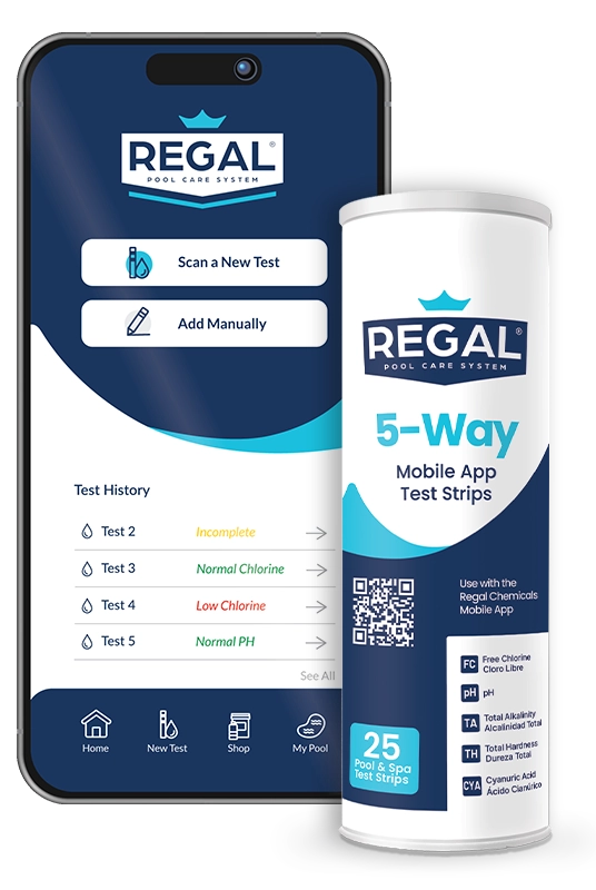 Phone with Regal Pool Care App and Regal 5-Way Test Strips
