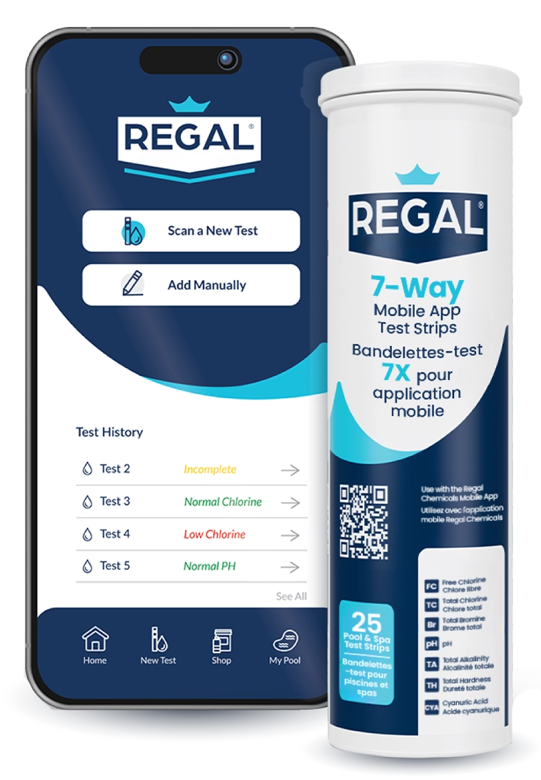 Phone with Regal Pool Care App and Regal 5-Way Test Strips
