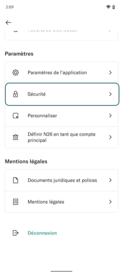 Image affichant l'écran 'Mon compte' de l'application N26 sur Android.