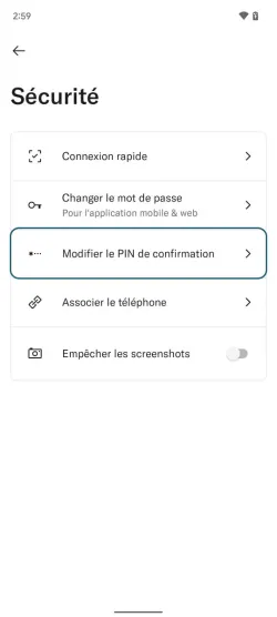 Image montrant l'écran 'Sécurité' de l'application N26 sur Android.
