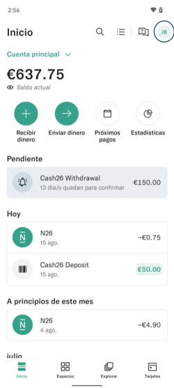 Imagen que muestra la pantalla de inicio de la aplicación N26 en Android.