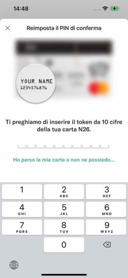 Immagine che mostra l'aggiornamento PIN - Schermata di input token di scheda dell'app N26 su iPhone.
