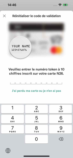 Image affichant la mise à jour du code PIN - Écran d'entrée du token de la carte de l'application N26 sur iPhone.