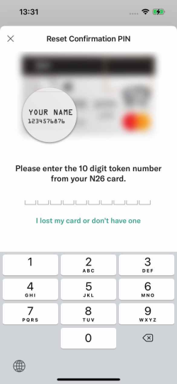Image showing the PIN update - Card Token Input screen of the N26 app on iPhone.