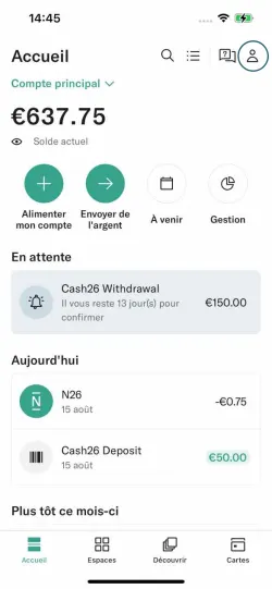 Image montrant l'écran d'accueil de l'application N26 sur iPhone.