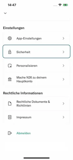 Bild zeigt den Mein-Konto-Bildschirm der N26-App auf dem iPhone.