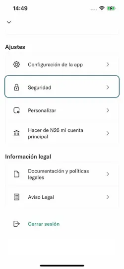 Imagen que muestra la pantalla de Mi cuenta de la aplicación N26 en iPhone.