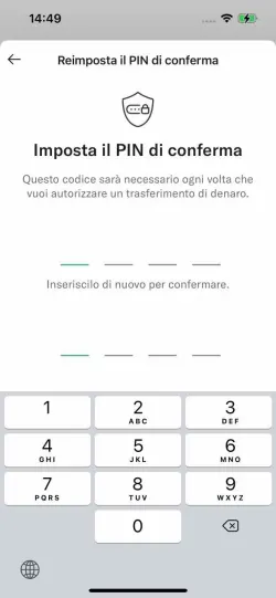 Immagine che mostra la schermata di input di aggiornamento PIN dell'app N26 su iPhone.