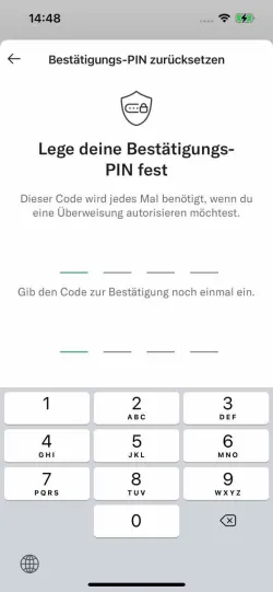 Bild zeigt den PIN-Update-Eingangsbildschirm der N26-App auf dem iPhone.