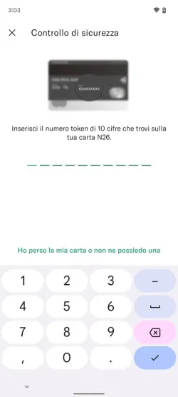 Immagine che mostra l'aggiornamento PIN - Schermata di input token di scheda dell'app N26 su Android.