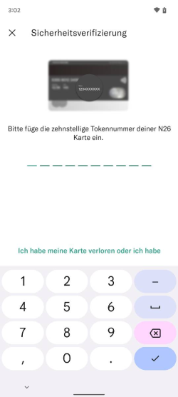 Bild zeigt das PIN-Update - Kartentoken-Eingabebildschirm der N26-App auf Android.