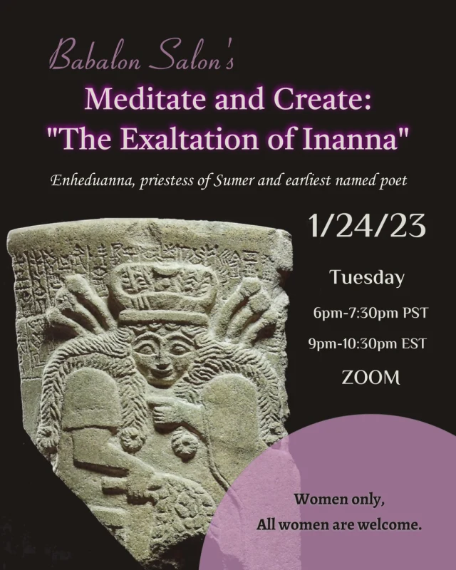 Flyer with woman carved in stone on black and purple background