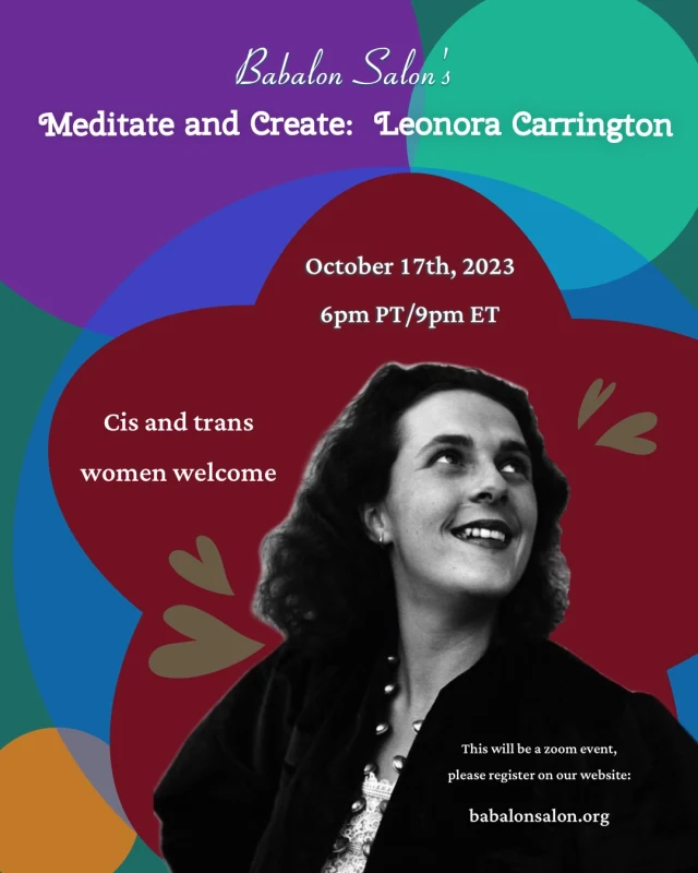 Flyer showing Leonora Carrington on multicolor background