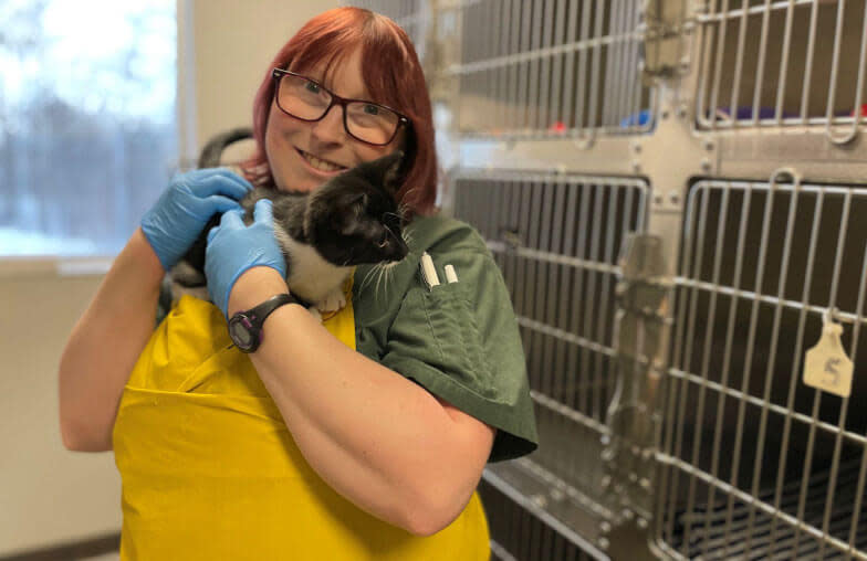 Black and white cat is held by shelter employee wearing a yellow apron and gloves, with animal crates in the background