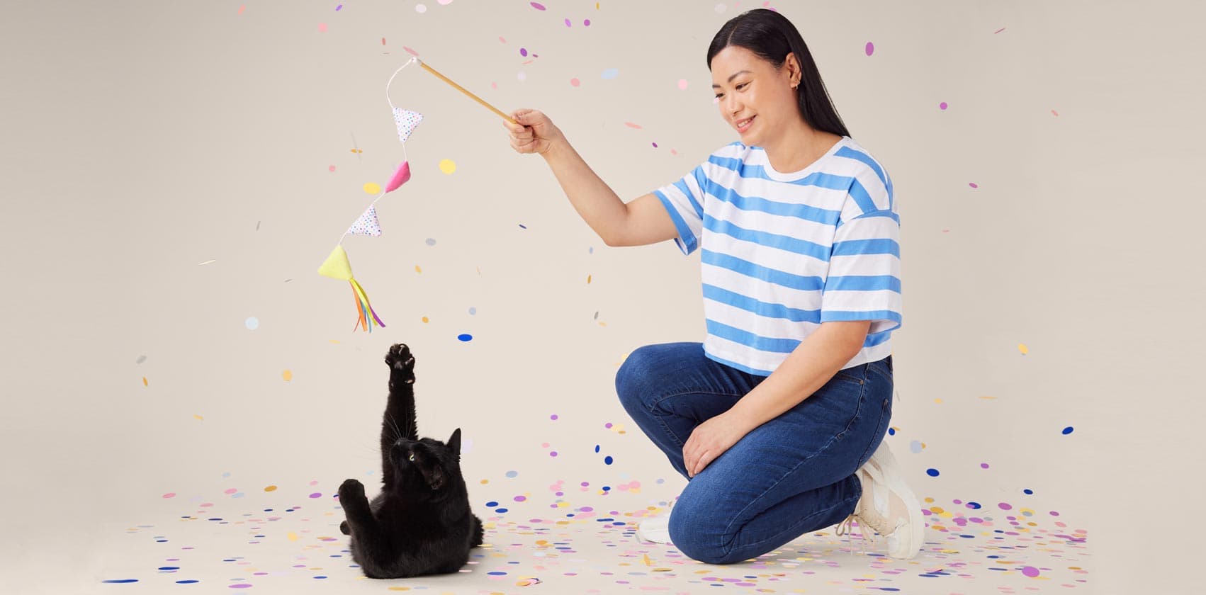 A cat playing with the owner