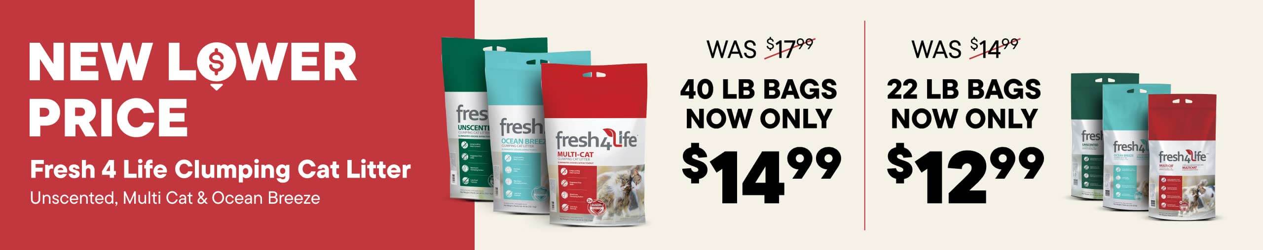 New Lower Price. Fresh 4 Life Clumping Cat Litter Unscented, Multi Cat & Ocean Breeze 22 & 44 lb bags