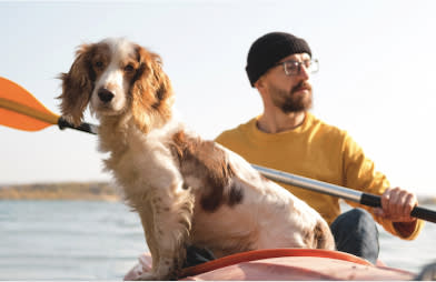 Make a splash: Safely swim, boat, and play in the water with your dog - Man in kayak with his pet dog