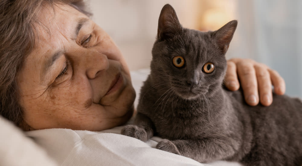 Older woman lying in bed while cuddling her grey cat in a comfortable home setting